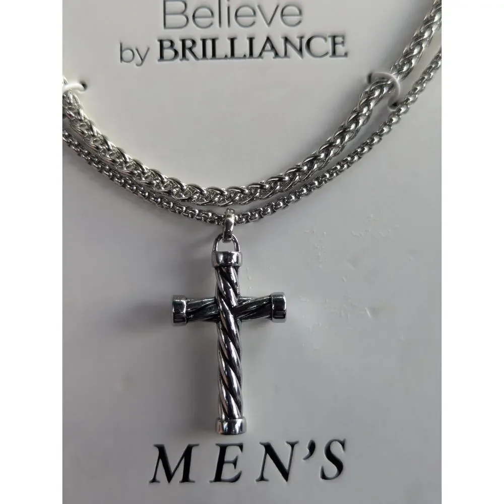 Believe by Brilliance Men's 2 Stainless Steel Dog Necklaces Cross Silver Plated